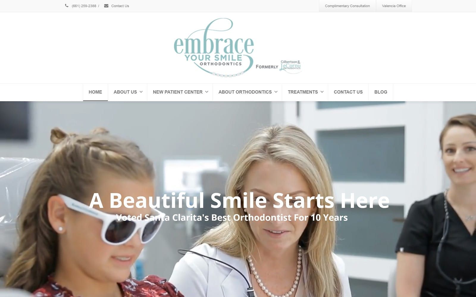 The screenshot of embrace your smile orthodontics embraceyoursmile. Com website