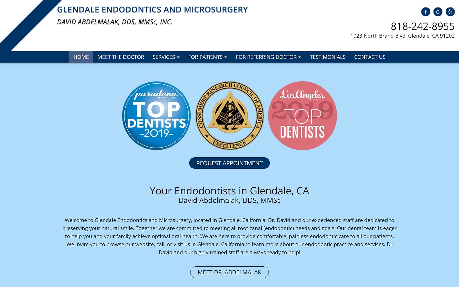 The screenshot of glendale endodontics and microsurgery endologic. Com dr. David abdelmalak website