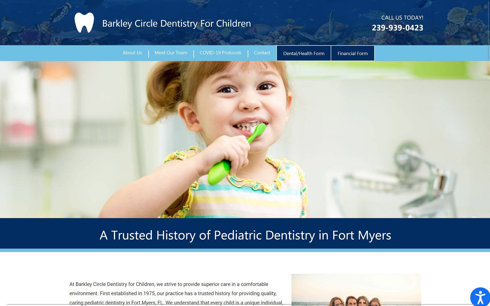 The screenshot of barkley circle dentistry for children fortmyerspediatricdentist. Com website