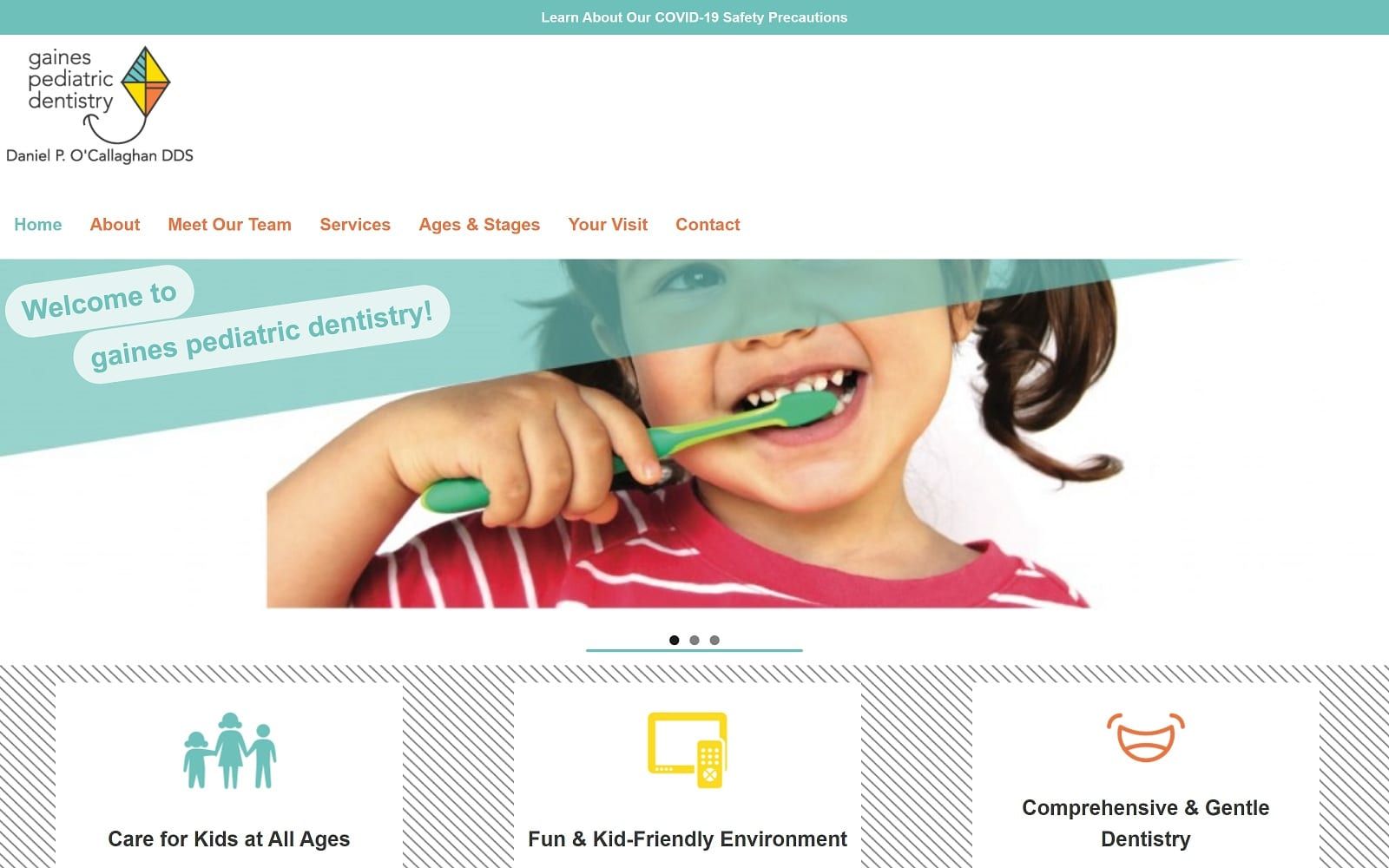 The screenshot of gaines pediatric dentistry gainespediatricdentistry. Com dr. Daniel o’callaghan website