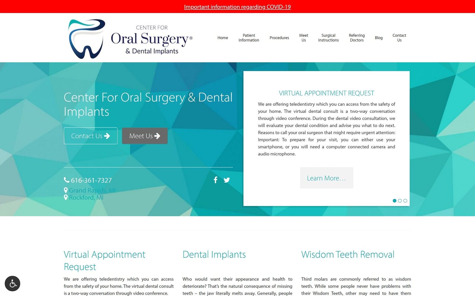 The screenshot of center for oral surgery & dental implants grandrapidsoralsurgery. Com website