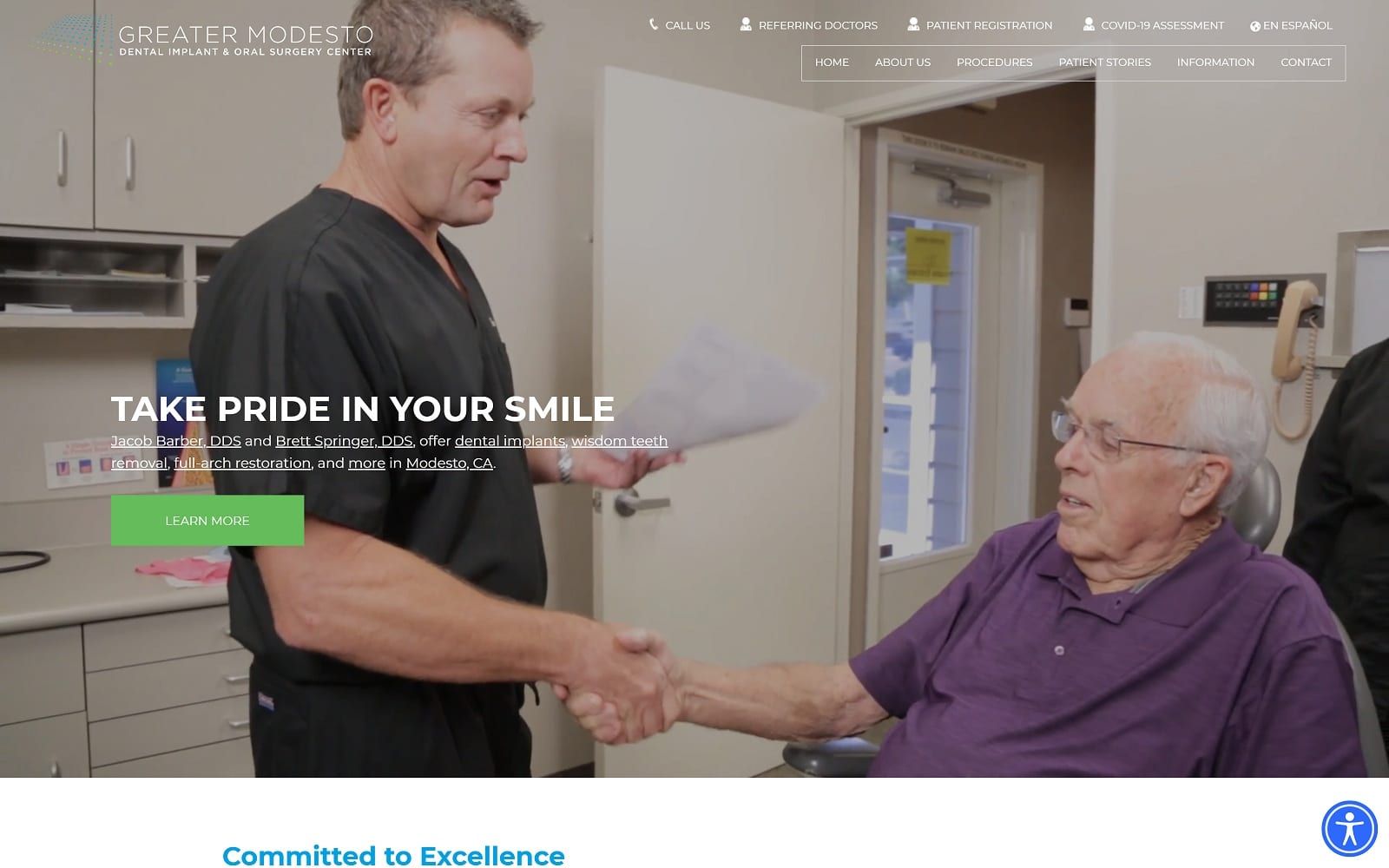 The screenshot of greater modesto dental implant & oral surgery center greatermodestooralsurgery. Com website