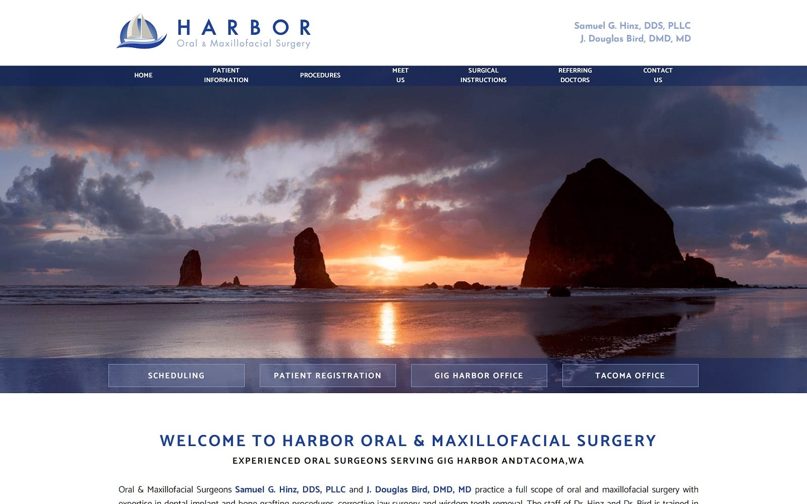 The screenshot of harbor oral & maxillofacial harbororalsurgery. Com dr. Samuel g. Hinz website