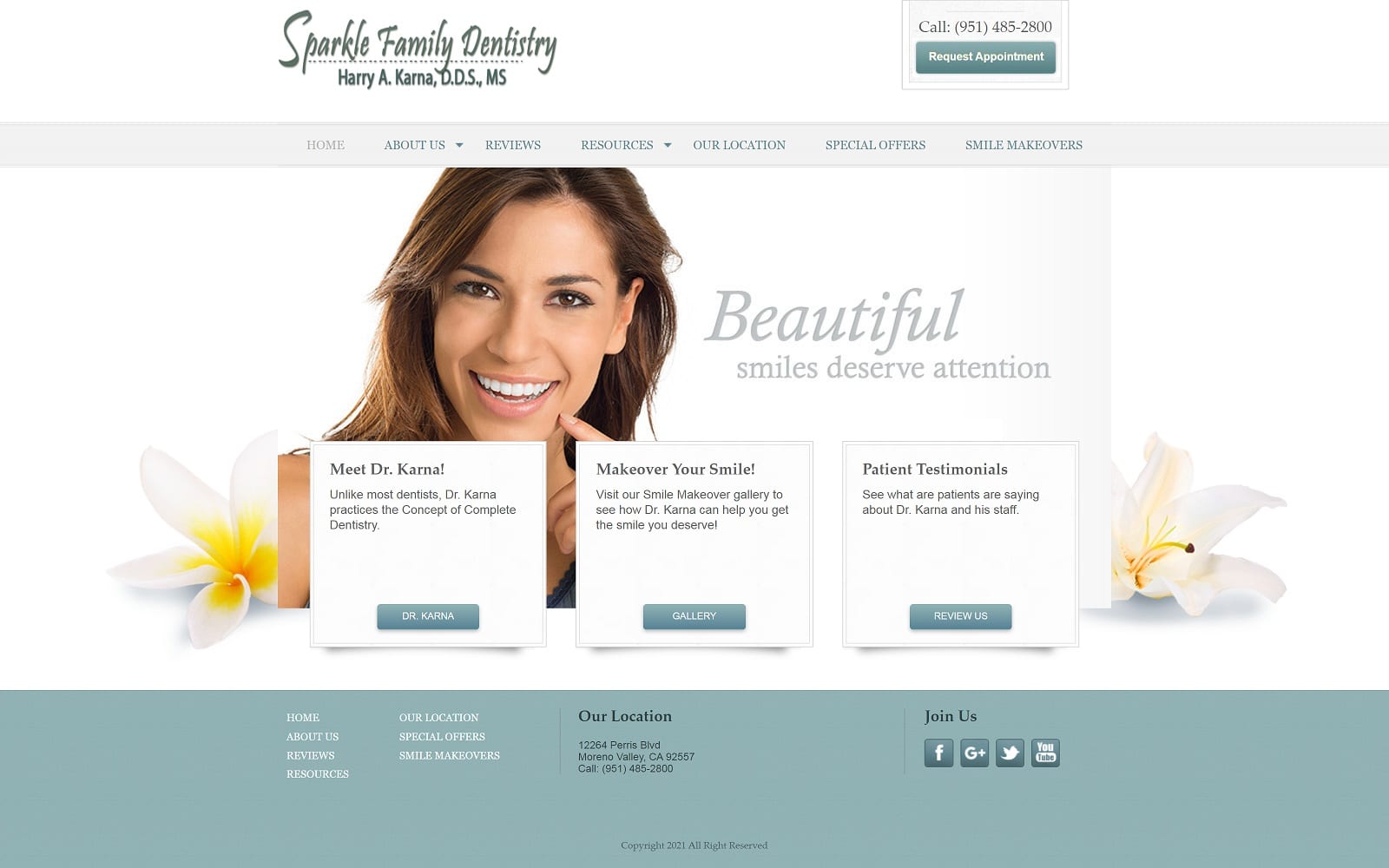 The screenshot of sparkle family dentistry | harry a. Karna dds, ms harrykarnadds. Com website