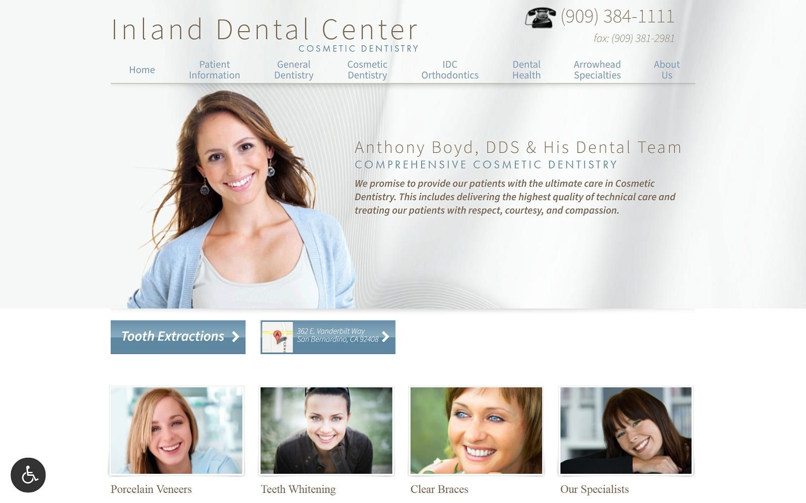 The screenshot of inland dental center idcsanbernardino. Com dr. Anthony boyd website