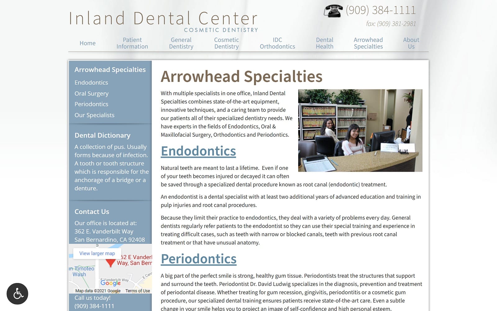 The screenshot of arrowhead dental specialities idcsanbernardino. Com/arrowhead-specialties website