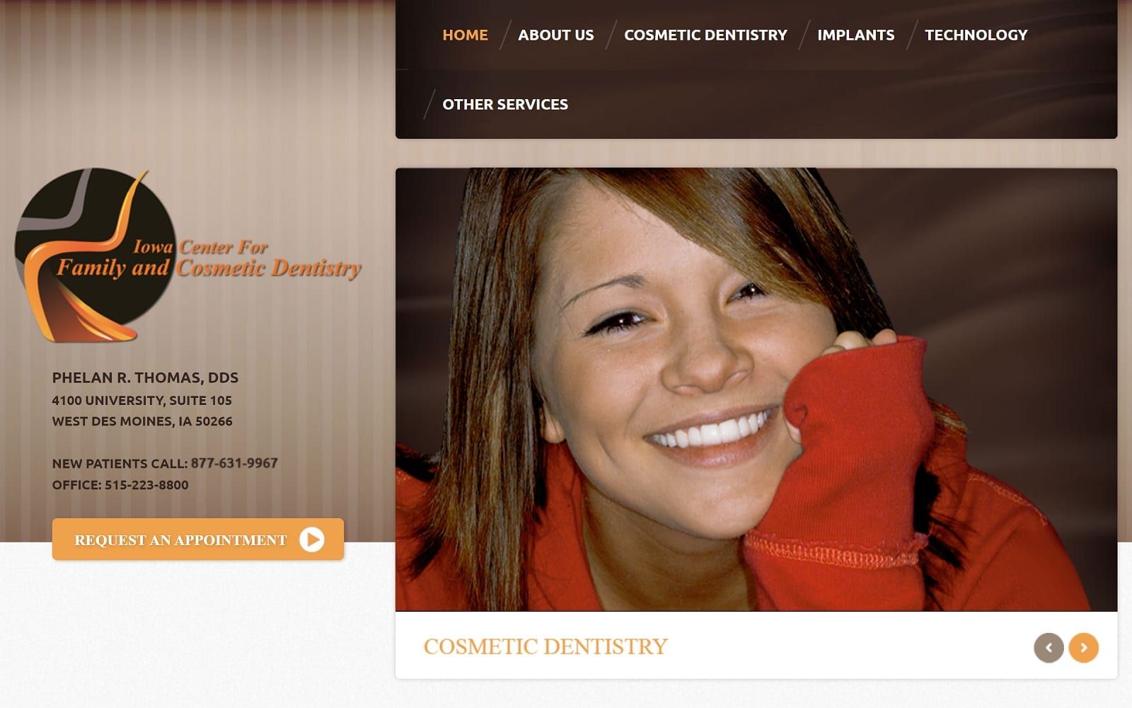 The screenshot of iowa center for family and cosmetic dentistry iowasmiles. Com dr. Phelan r. Thomas website