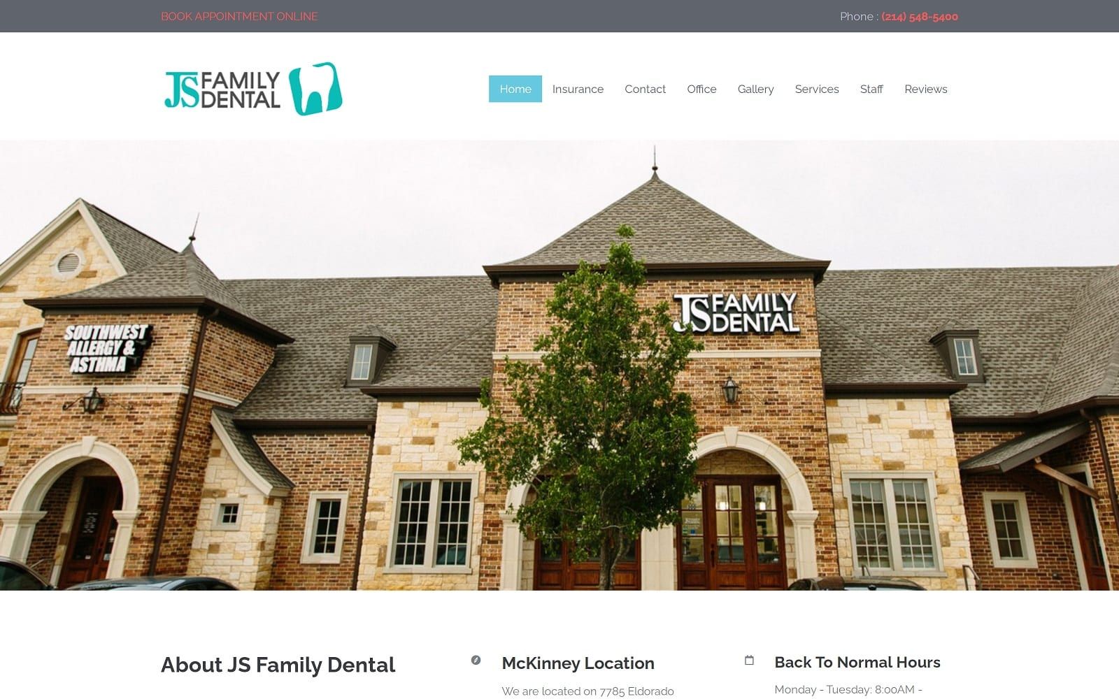The screenshot of js family dental jsfamilydental. Com website