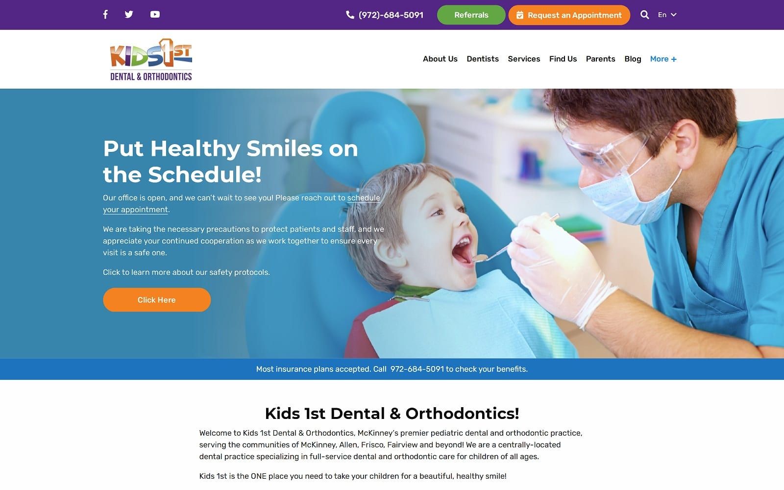 The screenshot of kids 1st dental & orthodontics kids1stdentaltx. Com dr. Neil dean website