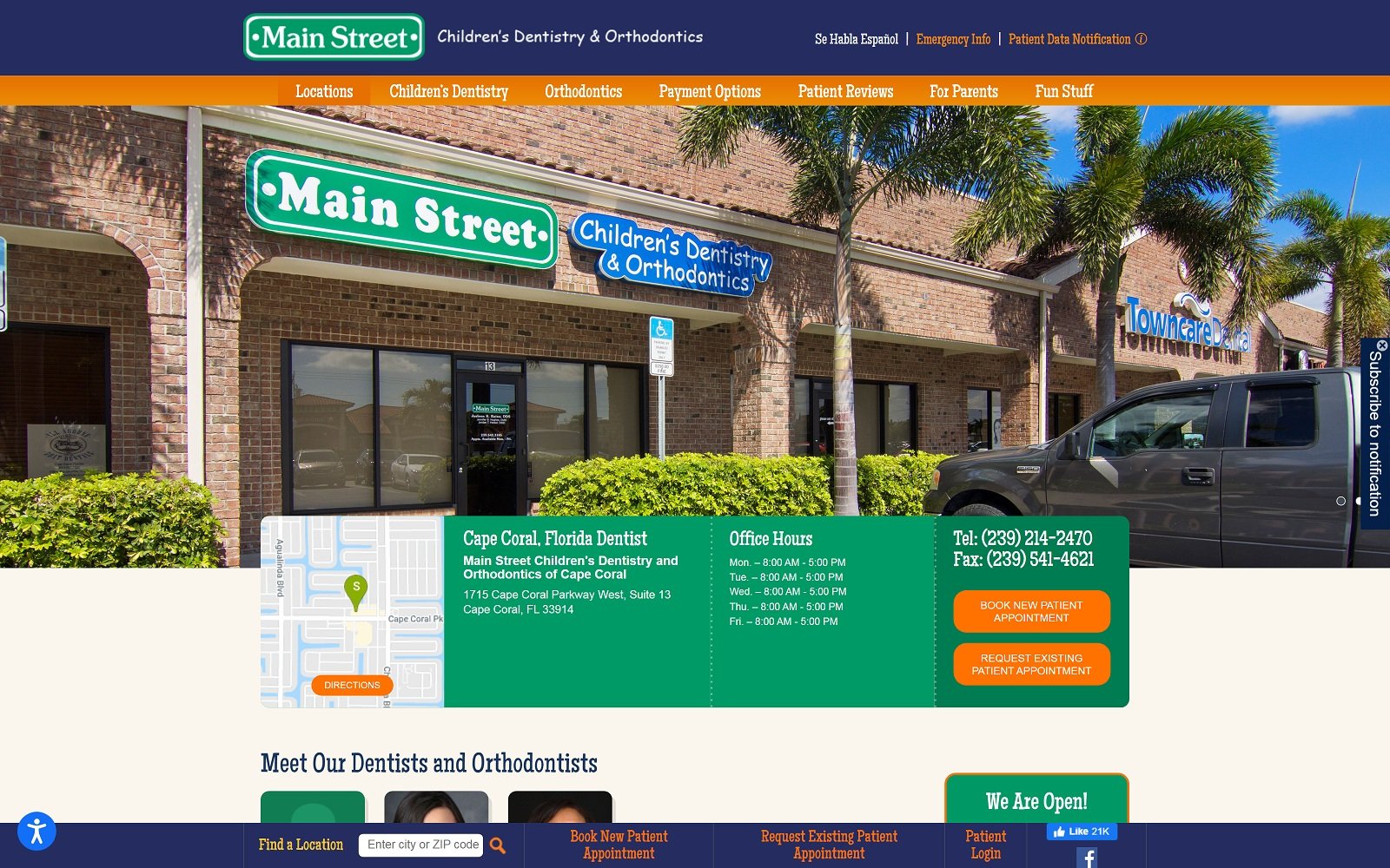 The screenshot of main street children's dentistry and orthodontics of cape coral mainstreetsmiles. Com/locations/main-street-childrens-dentistry-and-orthodontics-of-cape-coral website