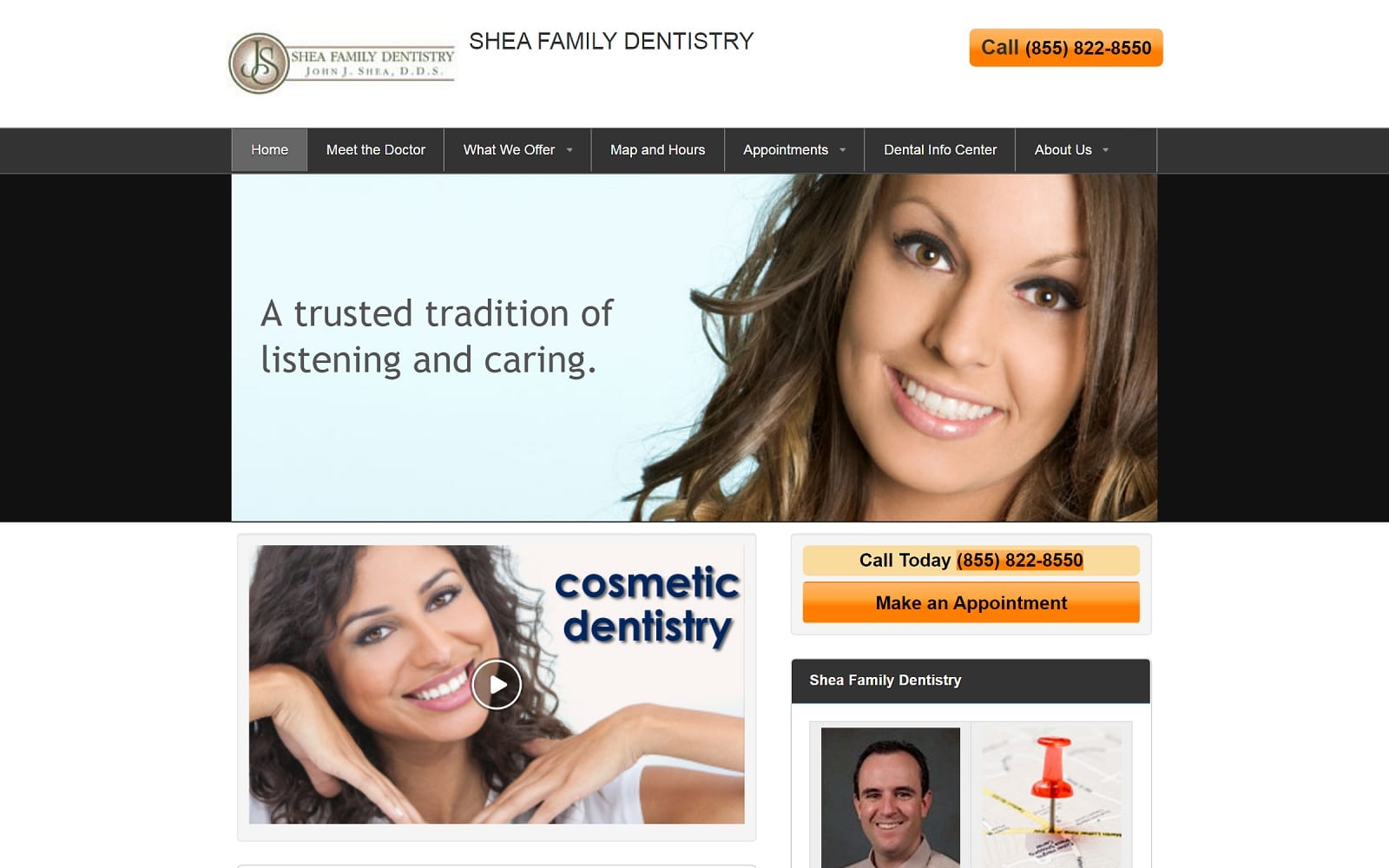 The screenshot of shea family dentistry morenovalleycosmeticdentist. Com dr. John shea website