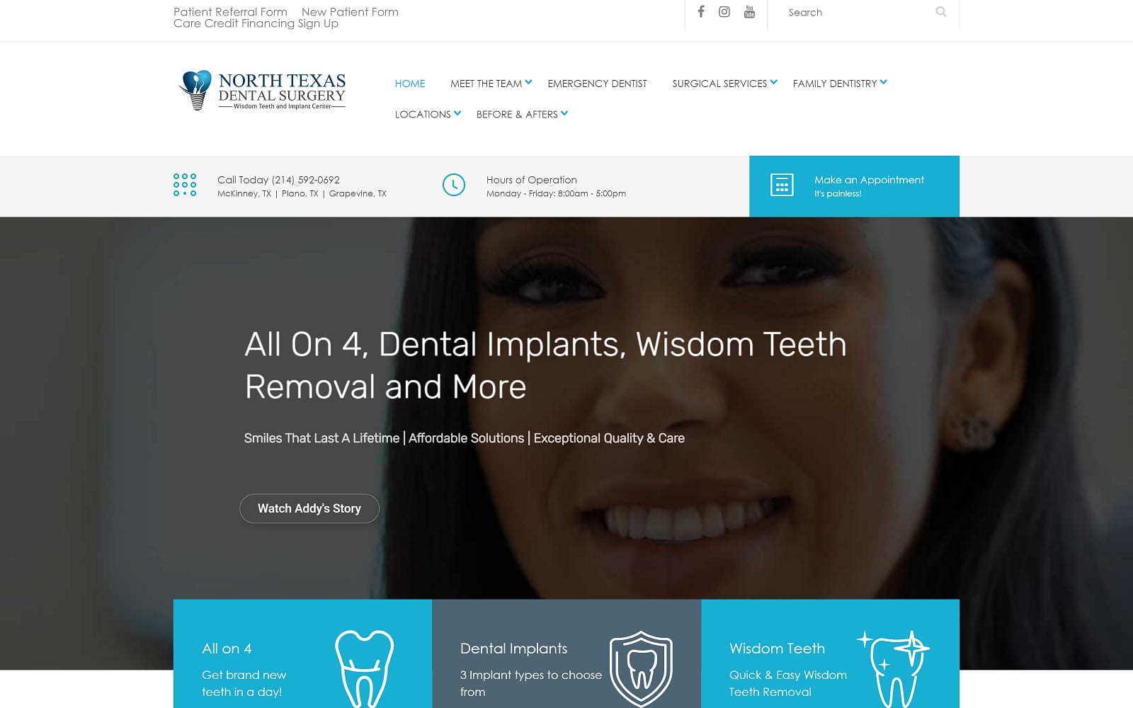 The screenshot of north texas dental surgery wisdom teeth and denture implant center northtexasdentalsurgery. Com website