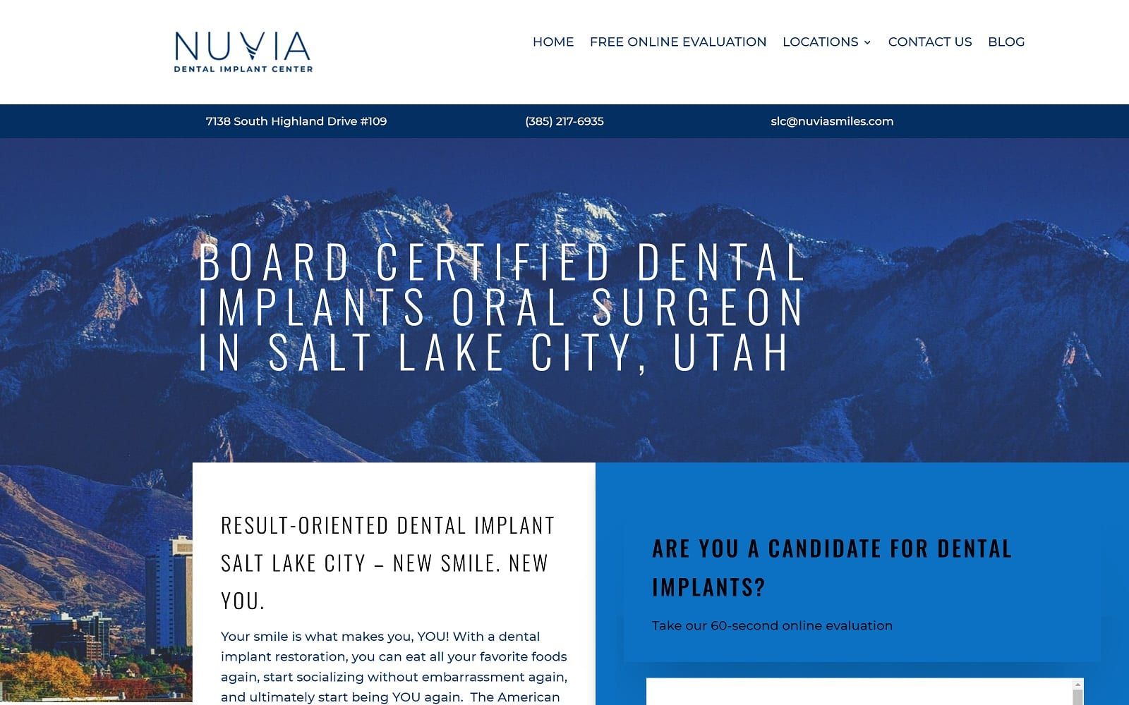 The screenshot of nuvia dental implant center - salt lake city, utah nuviasmiles. Com website