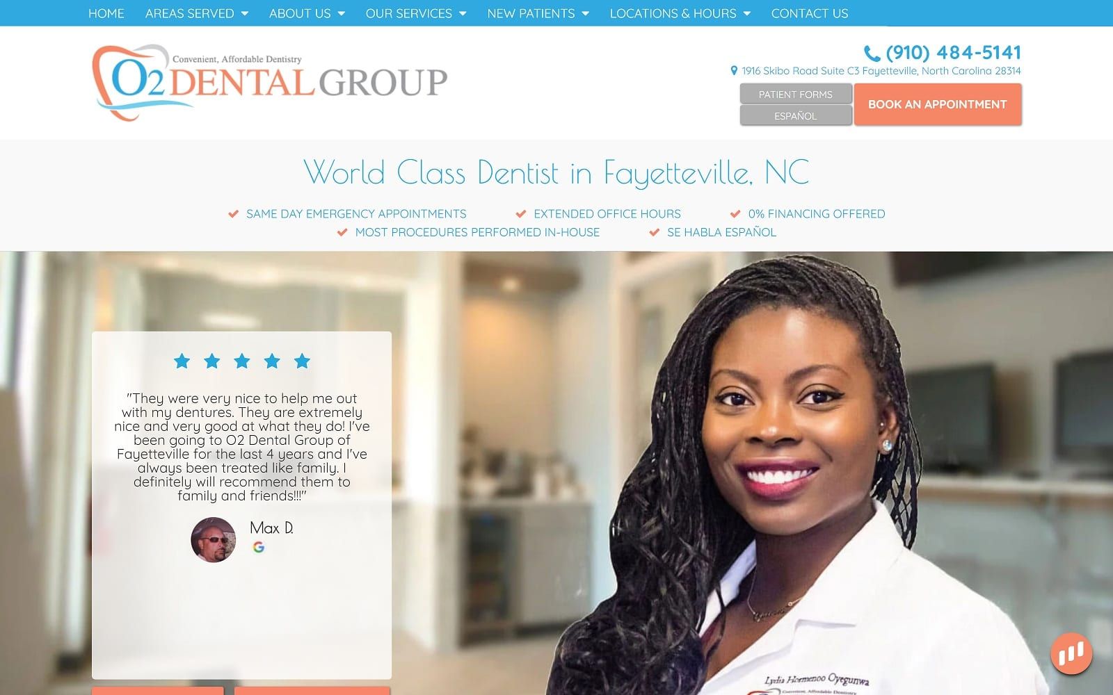 The screenshot of o2 dental group of fayetteville o2smiles. Com/fayetteville-nc website