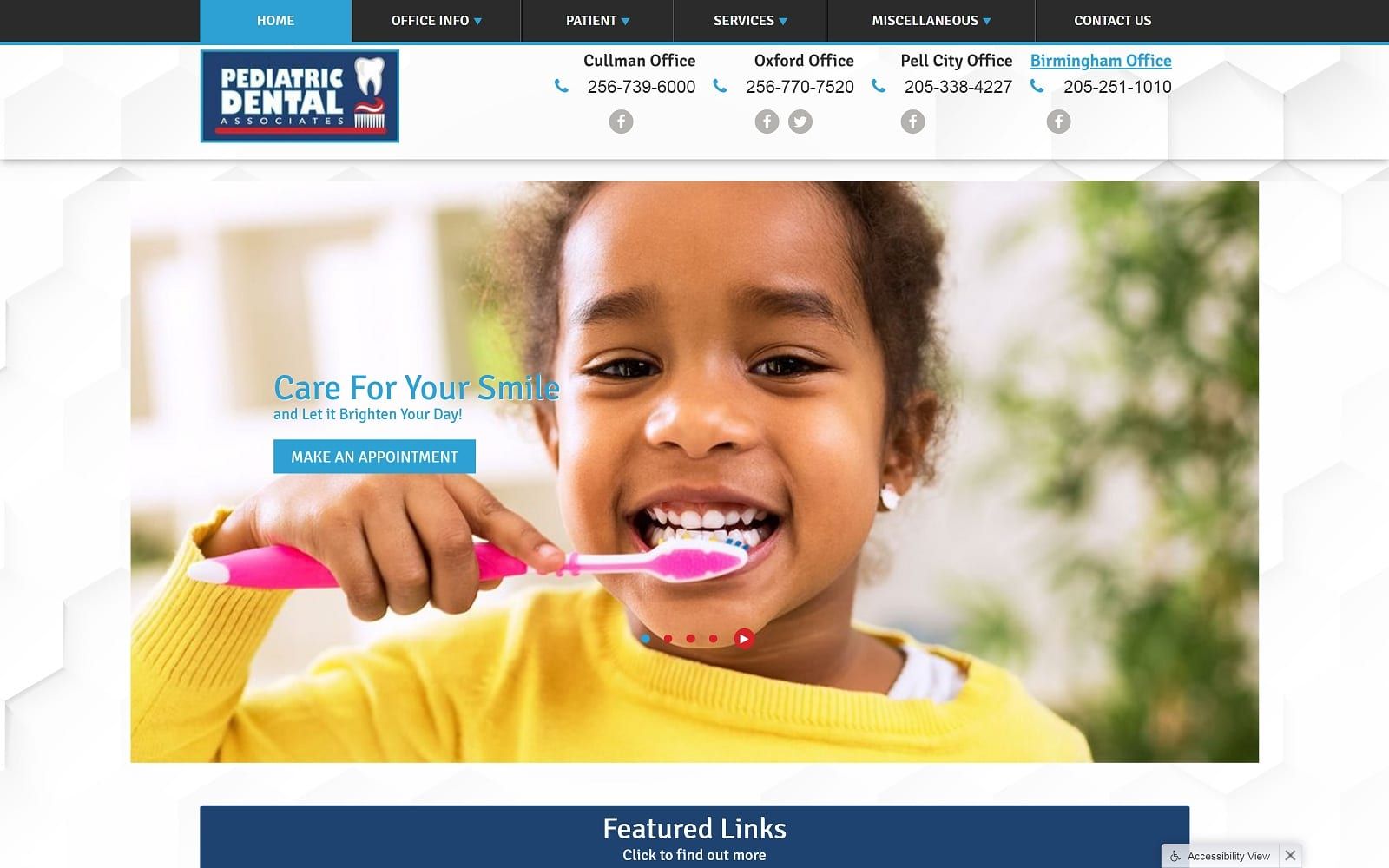 The screenshot of birmingham pediatric dental associates pediatricdentalassociatesal. Com website