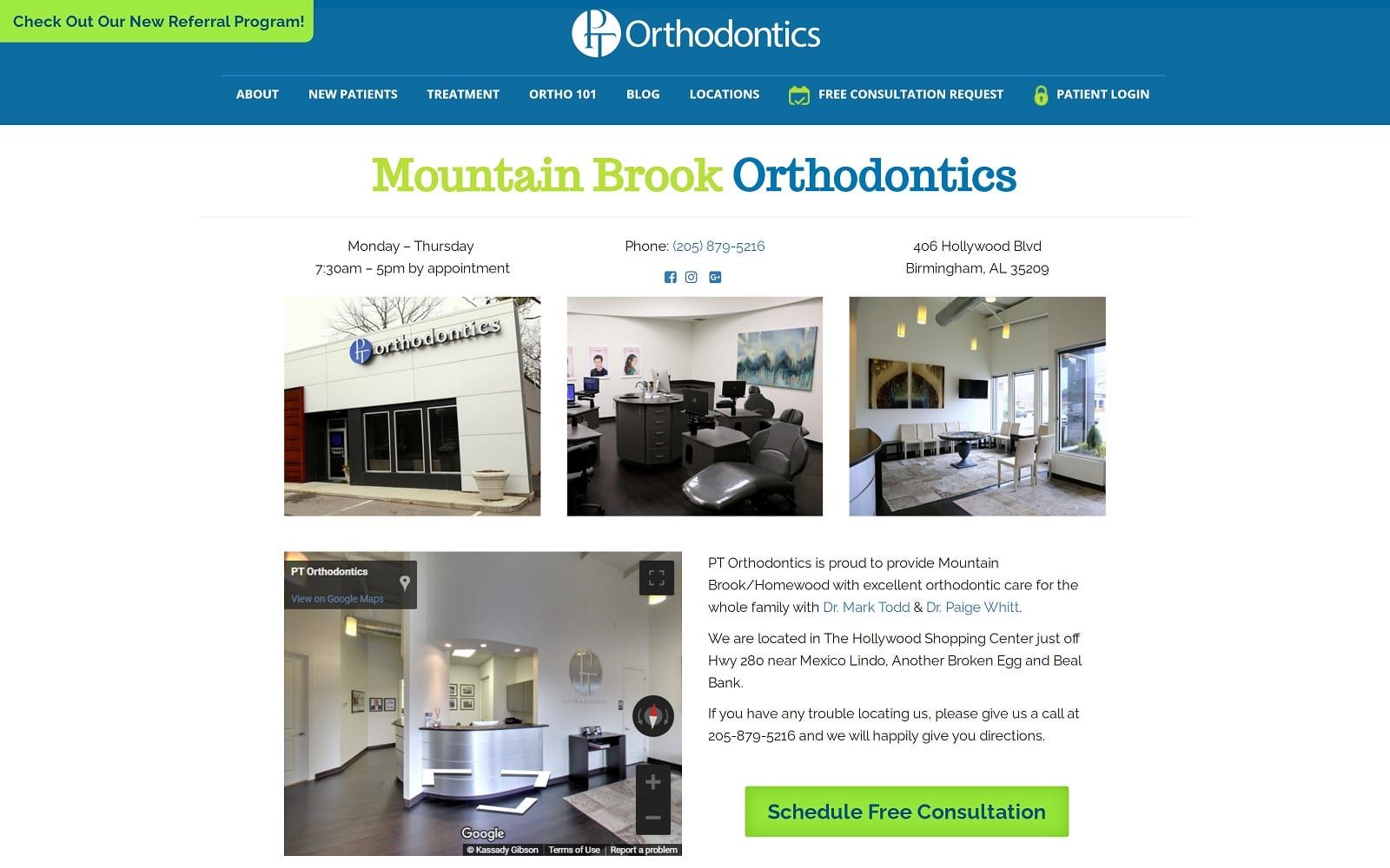 The screenshot of pt orthodontics ptortho. Com/locations/mountain-brook website