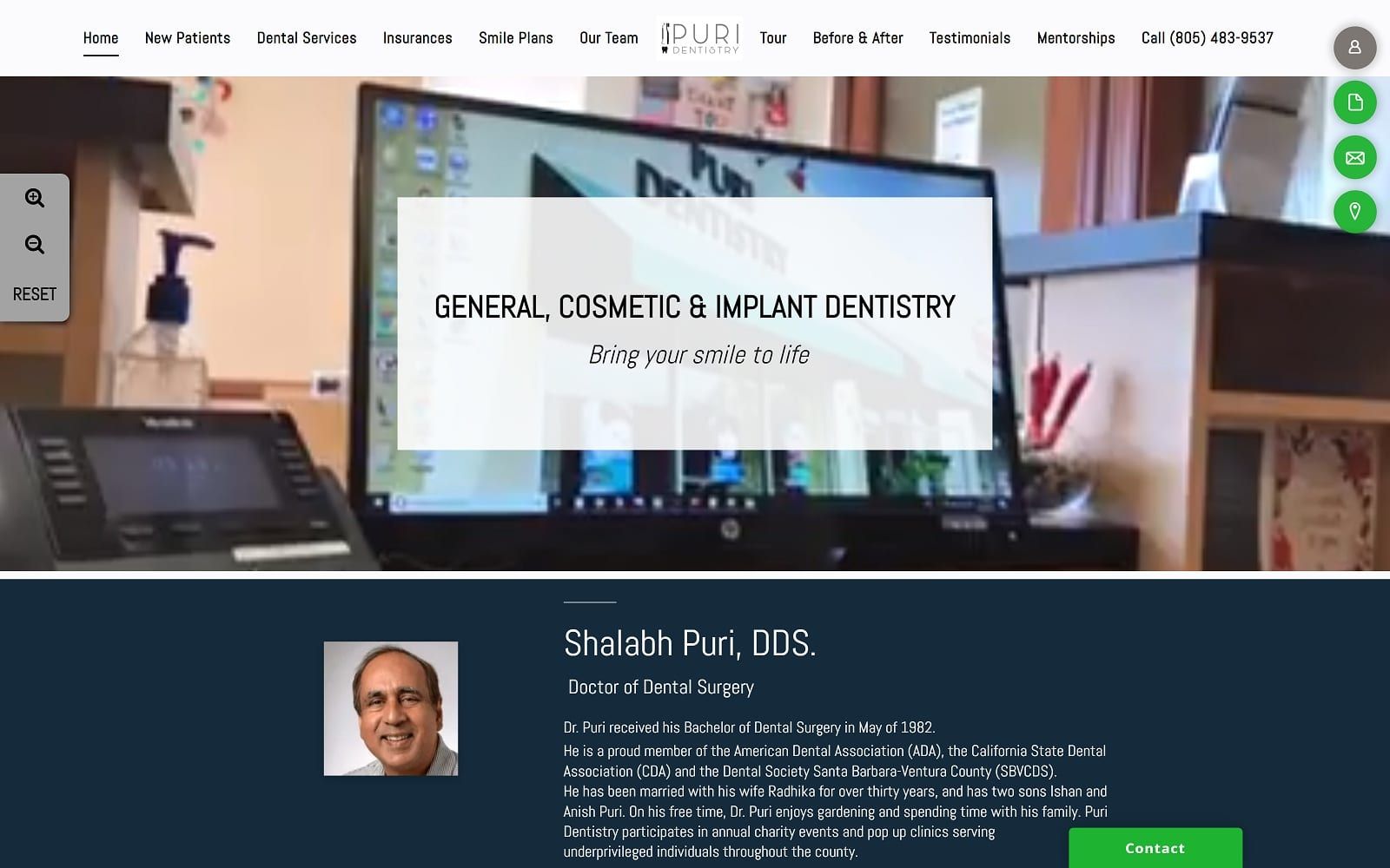 The screenshot of puri dentistry puridentistry. Com dr. Shalabh puri website