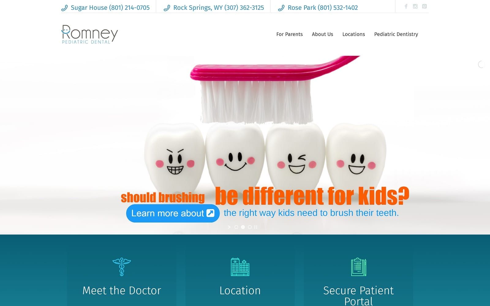 The screenshot of romney pediatric dental romneypediatricdental. Com website