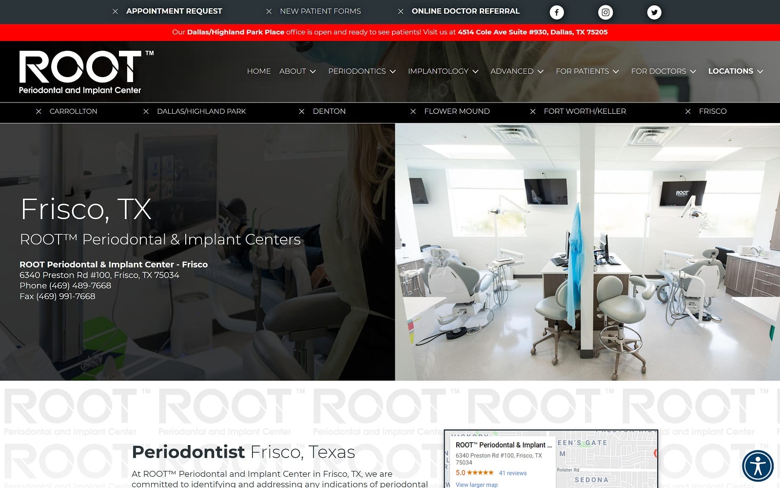 The screenshot of root™ periodontal & implant center - frisco rootdfw. Com/frisco-tx website