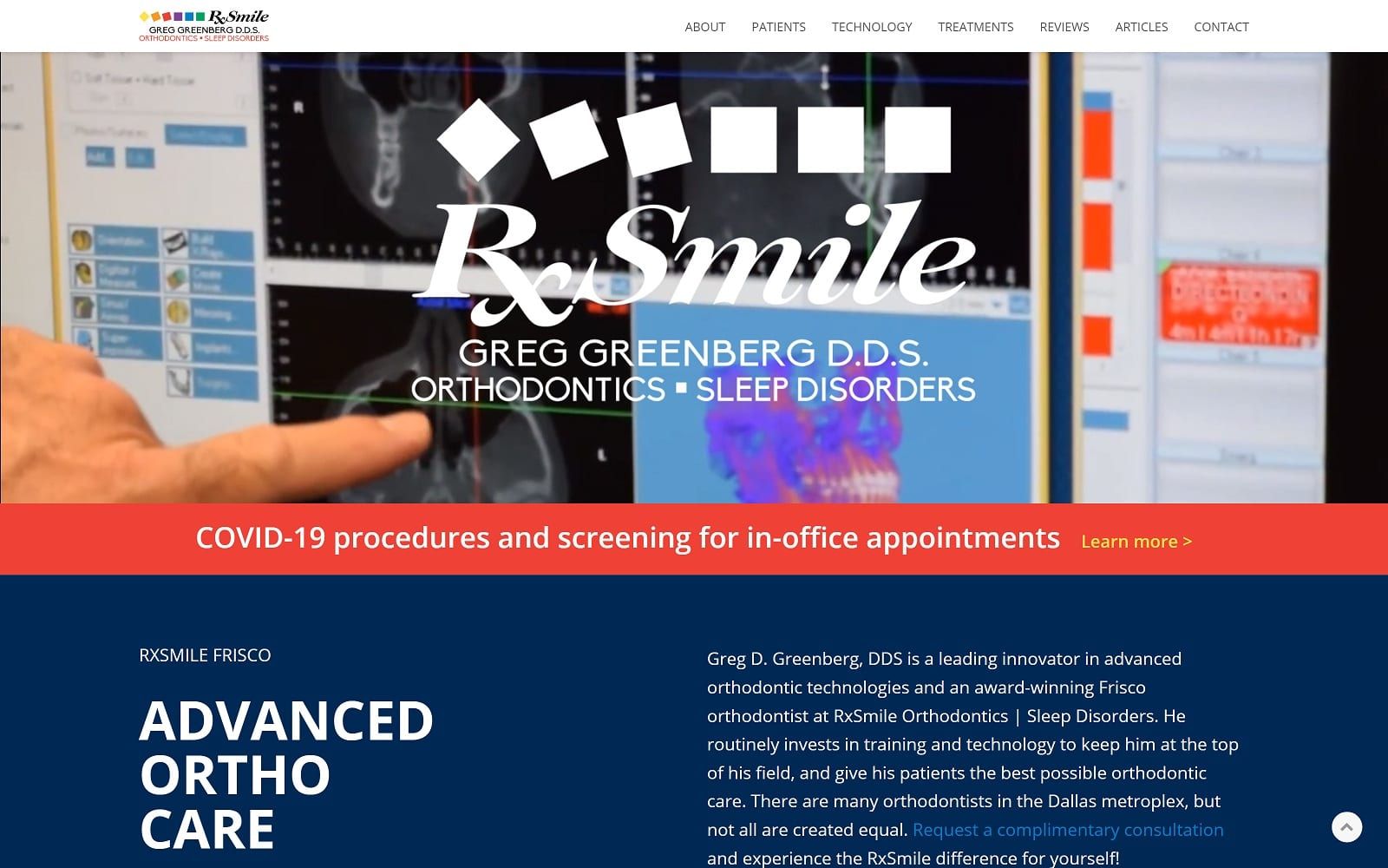 The screenshot of rxsmile frisco orthodontics rxsmile. Com dr. Greg d. Greenberg website