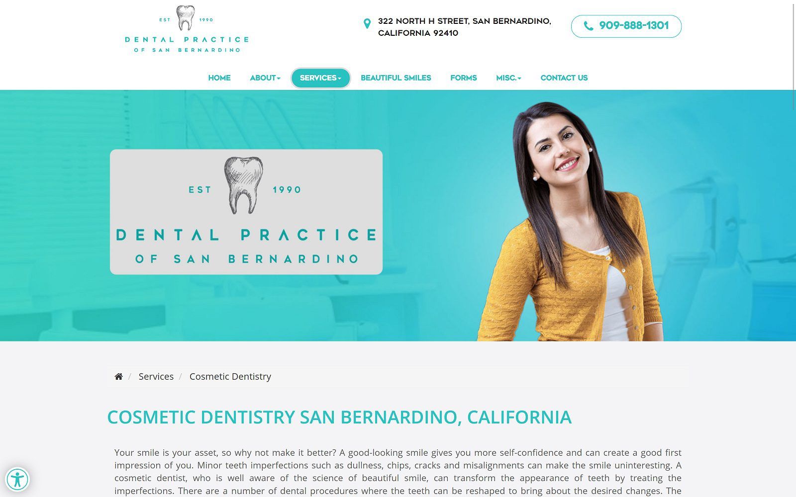 The screenshot of dental practice of san bernardino sanbernardinofamilydental. Com website