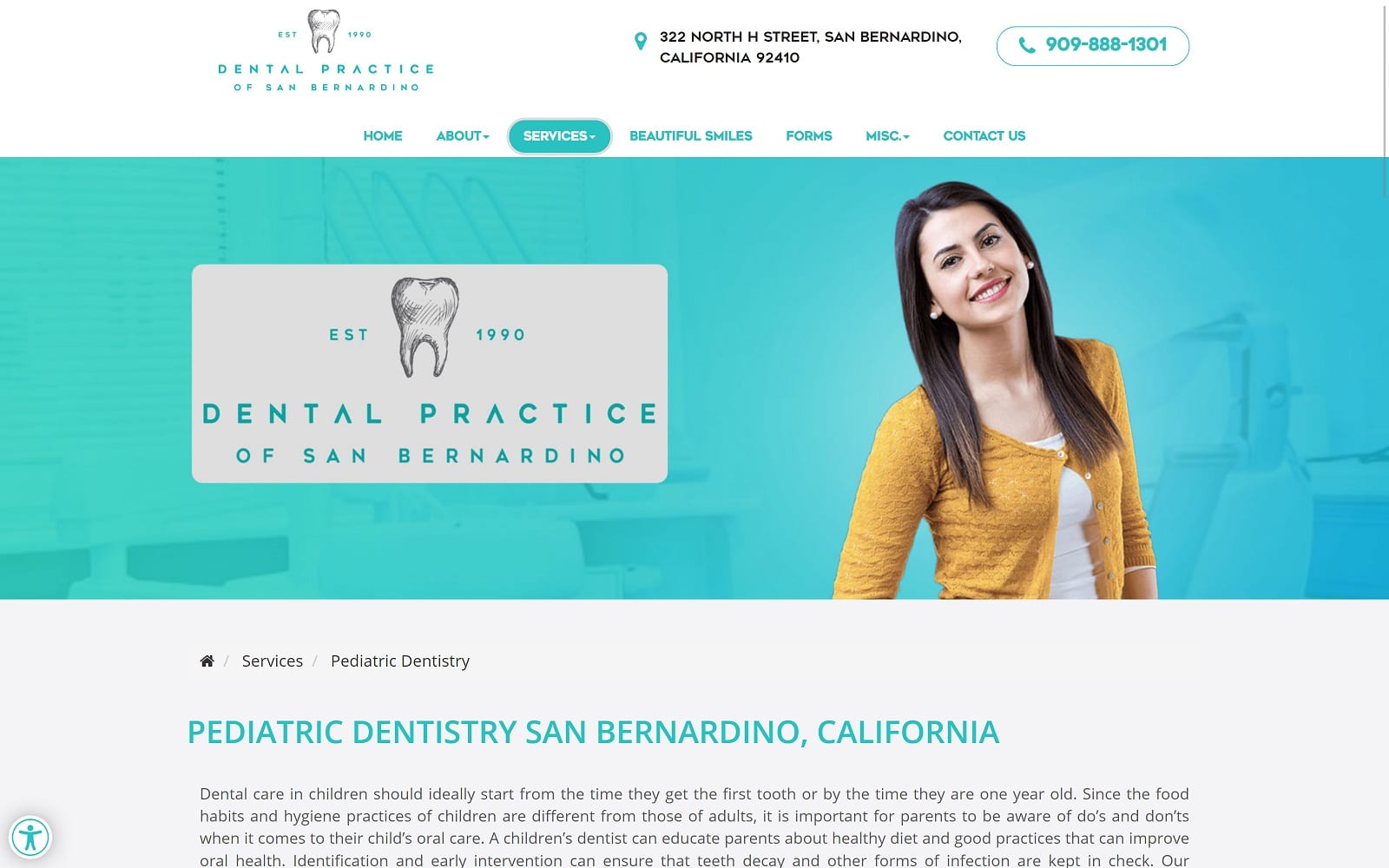 The screenshot of dental practice of san bernardino sanbernardinofamilydental. Com website