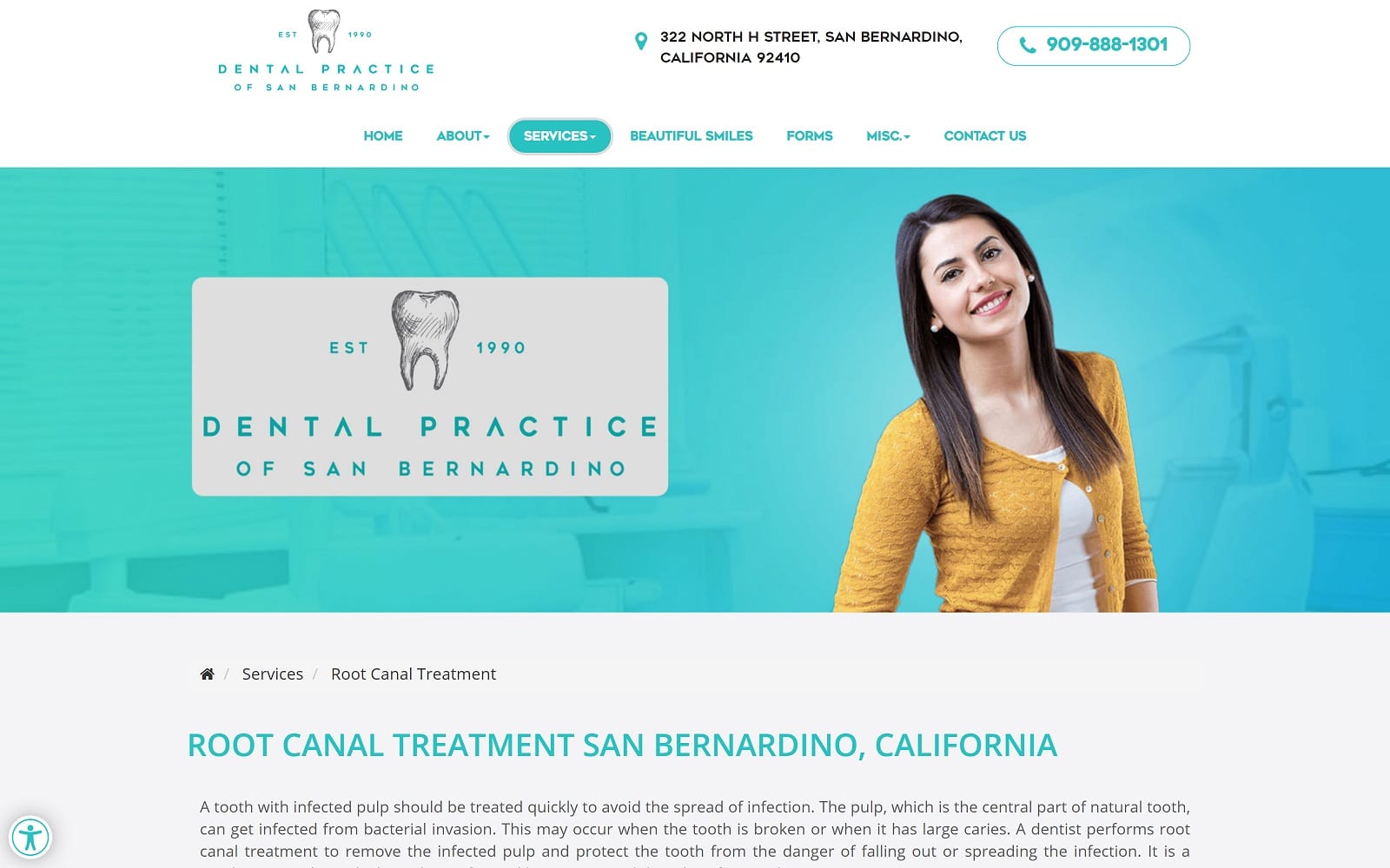 The screenshot of dental practice of san bernardino sanbernardinofamilydental. Com website