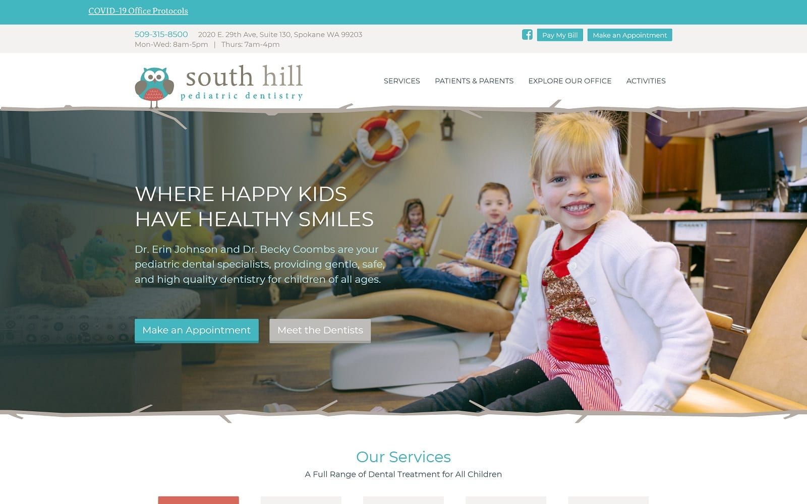 The screenshot of south hill pediatric dentistry southhillpediatricdentistry. Com website