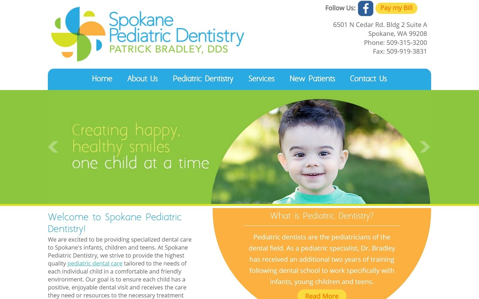 The screenshot of spokane pediatric dentistry spokanepediatricdentistry. Com dr. Patrick bradley website