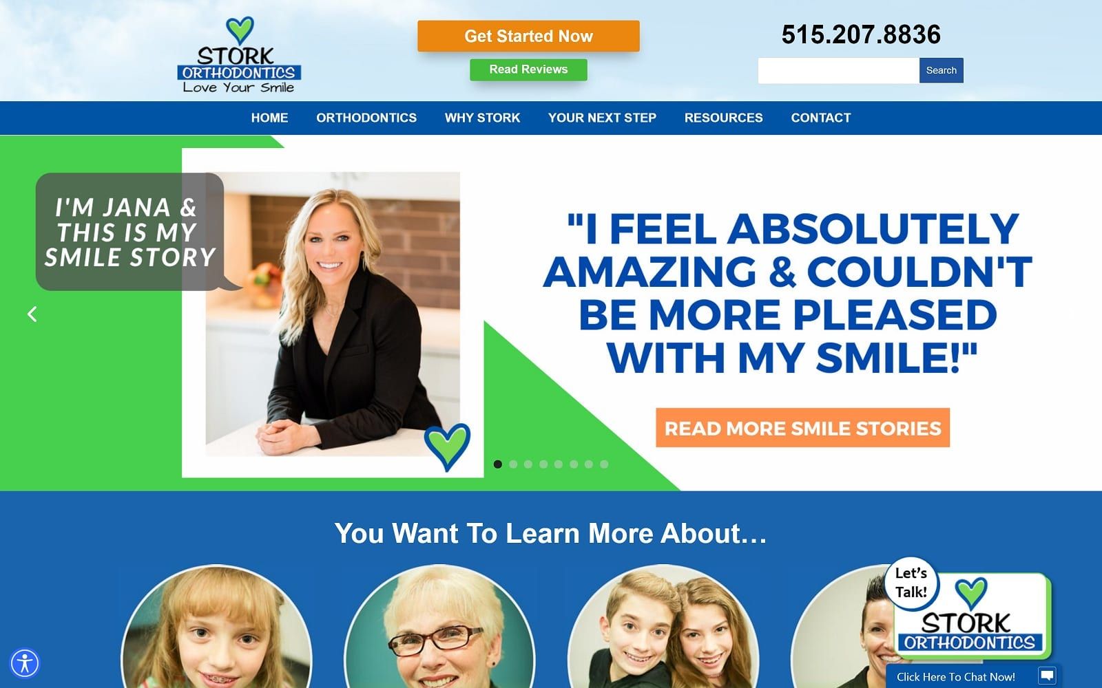 The screenshot of stork orthodontics - des moines orthodontist storkorthodontics. Com website