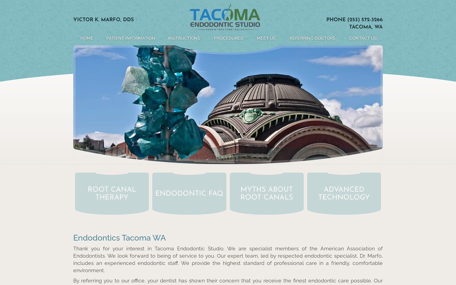 The screenshot of tacoma endodontic studio tacomaendo. Com dr. Victor k. Marfo website