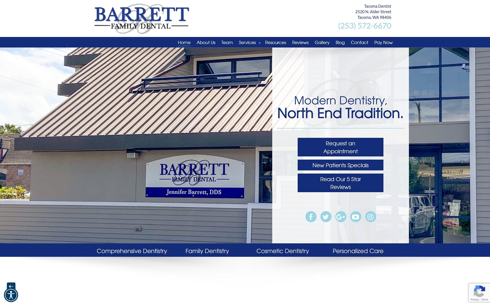 The screenshot of barrett family dental of tacoma tacomawa. Dental dr. Jennifer barrett website