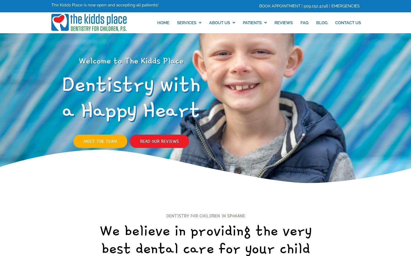 The screenshot of the kidds place dentistry for children thekiddsplace. Com website