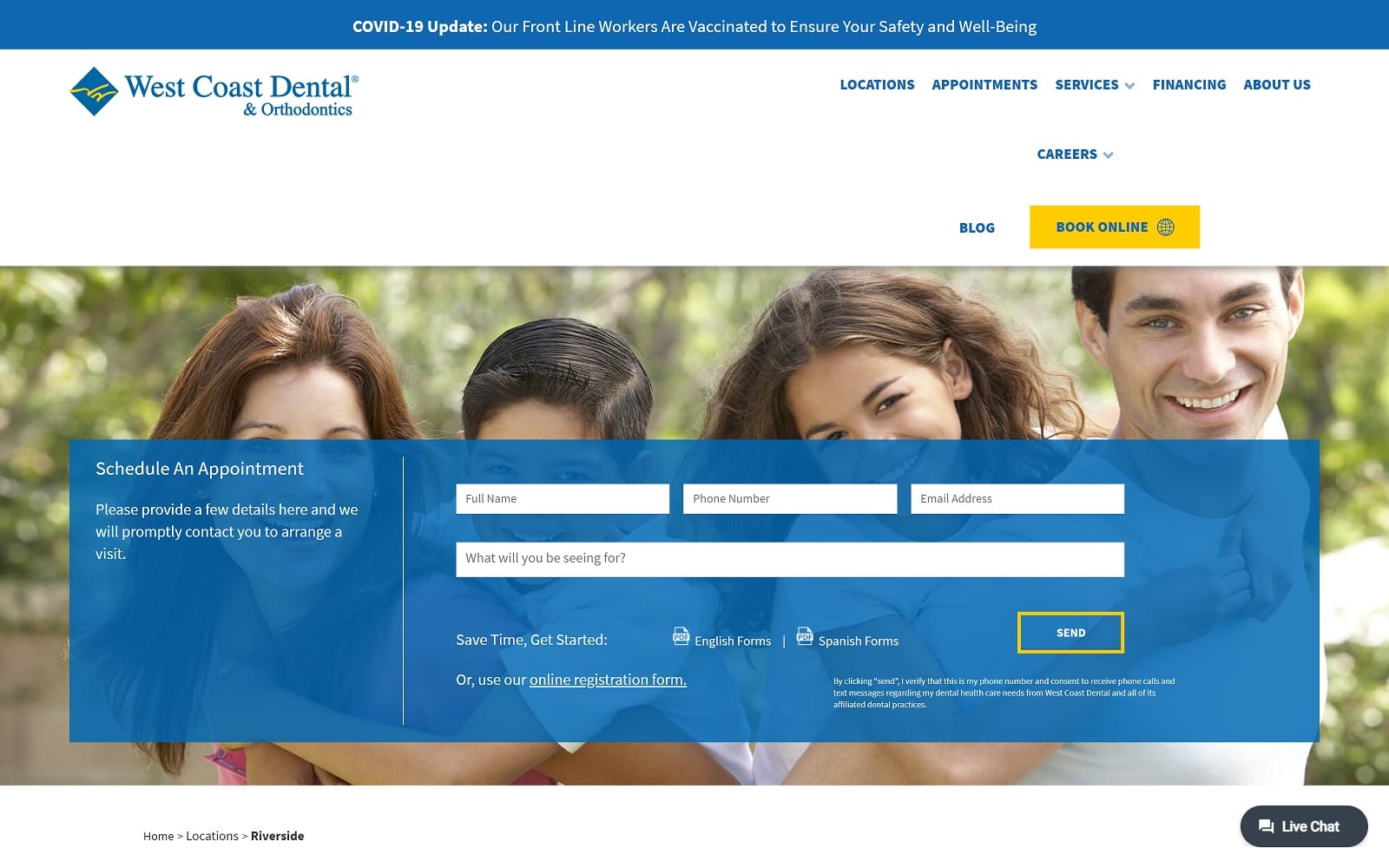 The screenshot of west coast dental of moreno valley westcoastdental. Com/locations/moreno-valley website