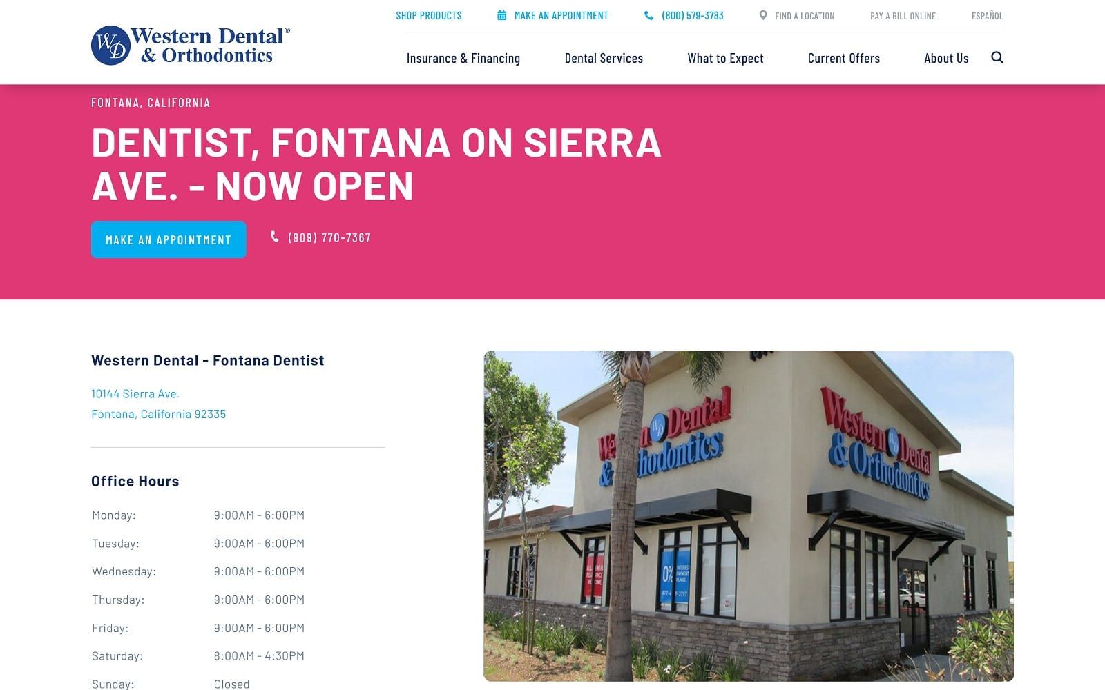 The screenshot of western dental & orthodontics westerndental. Com/en-us/find-a-location/california/fontana/10144-sierra-ave website