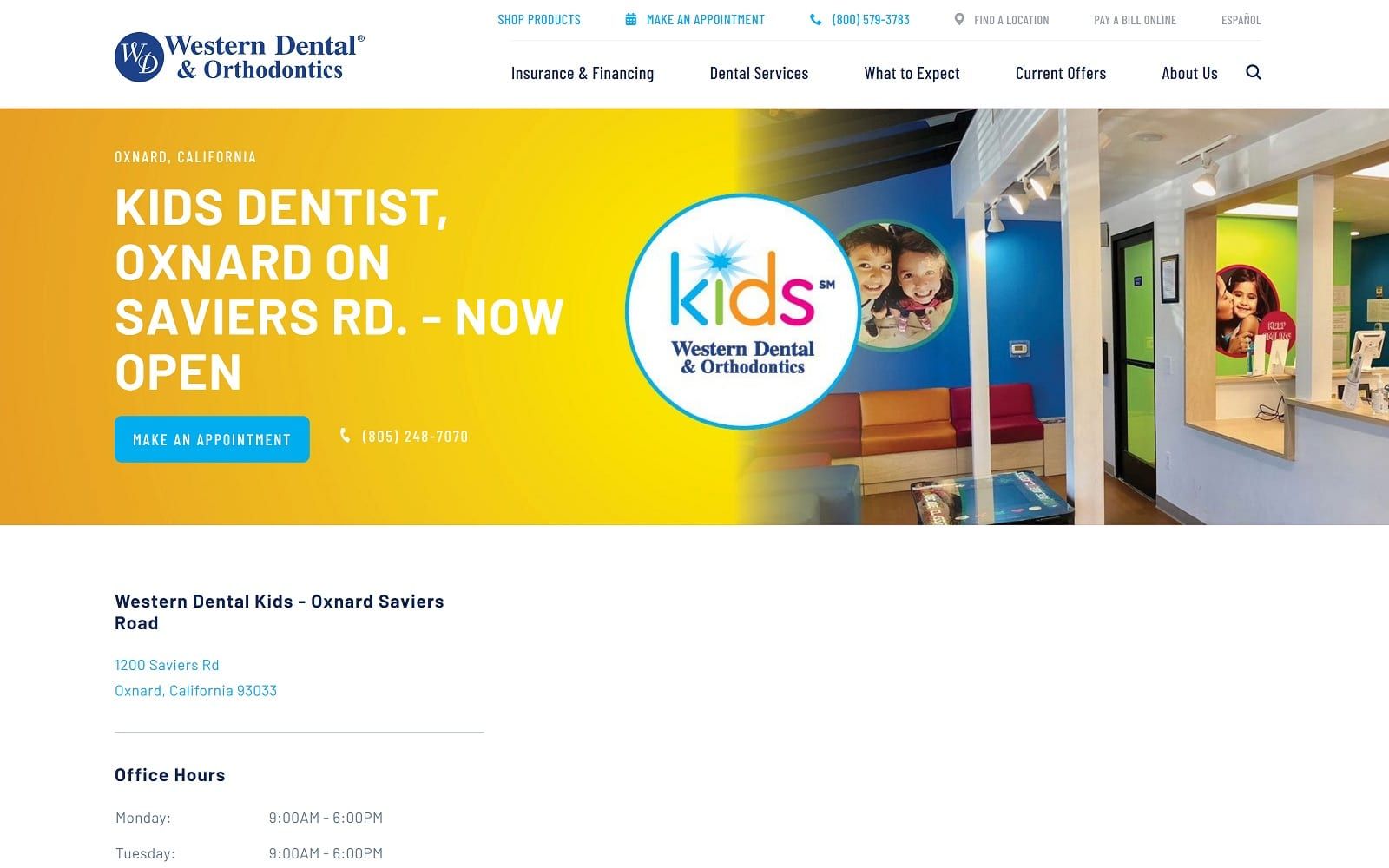 The screenshot of western dental kids westerndental. Com/en-us/find-a-location/california/oxnard/1200-saviers-rd website