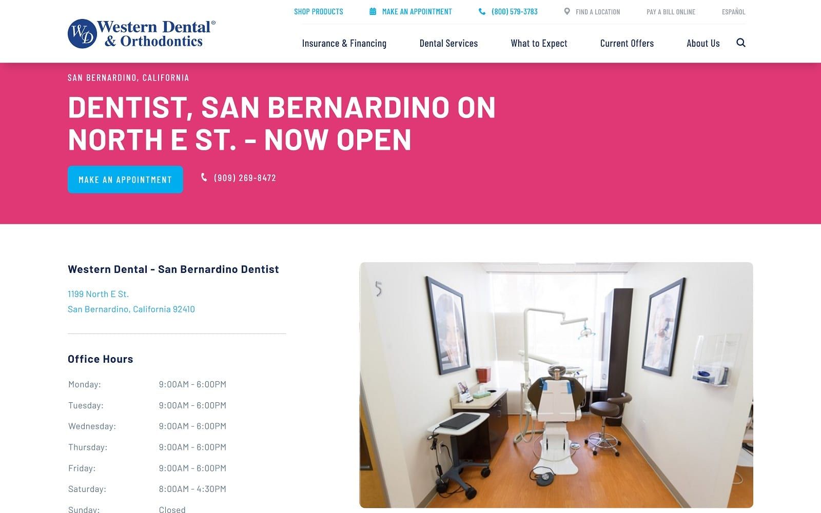 The screenshot of western dental & orthodontics westerndental. Com/en-us/find-a-location/california/san-bernardino/1199-north-e-st website