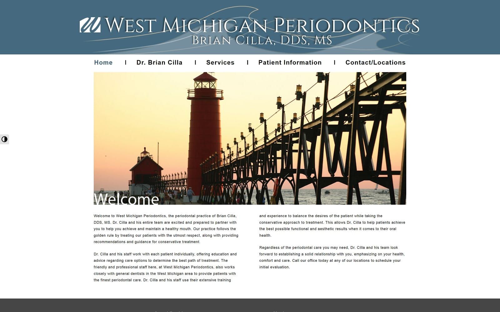 The screenshot of west michigan periodontics - dr. Brian cilla dds ms westmiperio. Com website