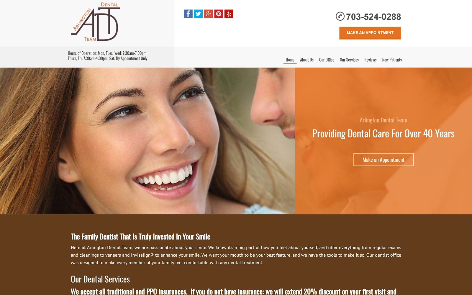 The screenshot of arlington dental team arlingtondentalteam. Com website