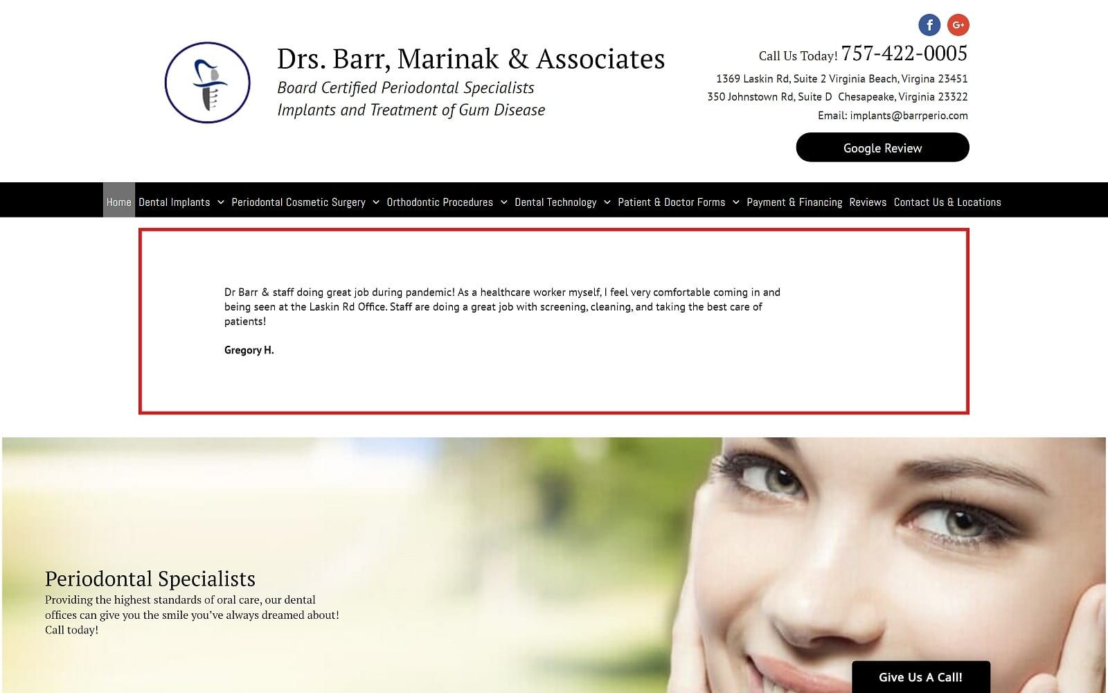 The screenshot of drs. Barr, marinak & associates barrperio. Com website