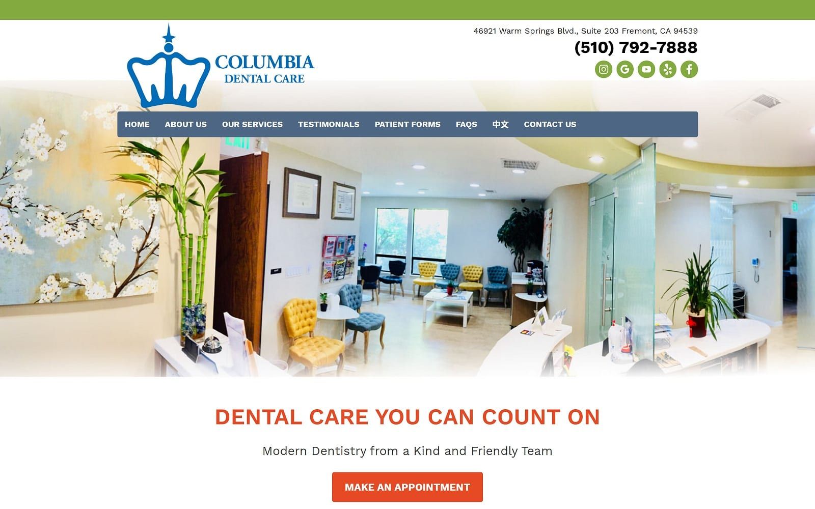 The screenshot of columbia dental care columbia-dentalcare. Com website