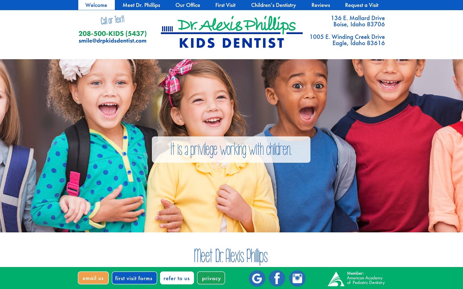 The screenshot of dr. Alexis phillips kids dentist boisechildrensdentistry. Com website