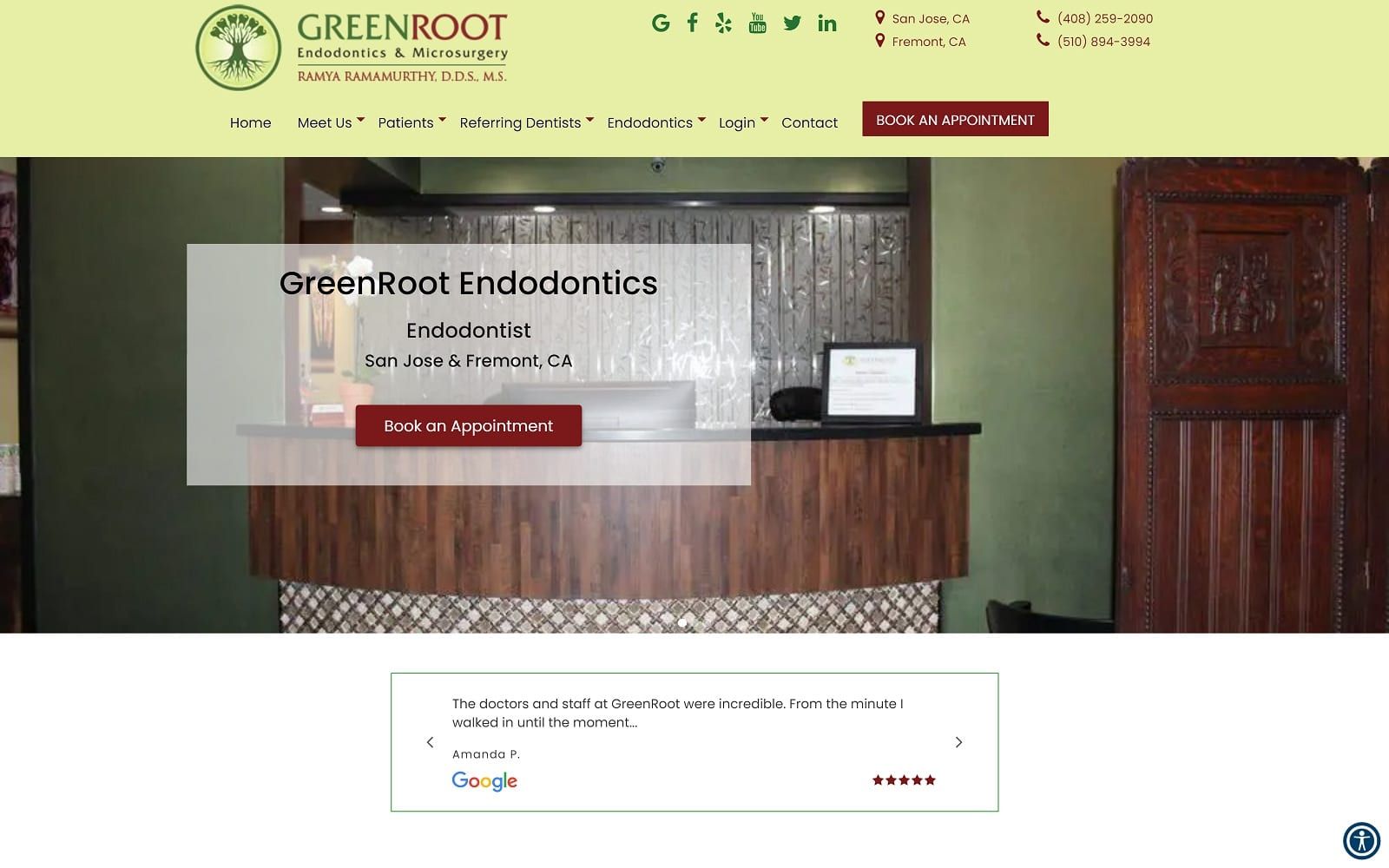 The screenshot of greenroot endodontics & microsurgery dr. Ramya ramamurthy website