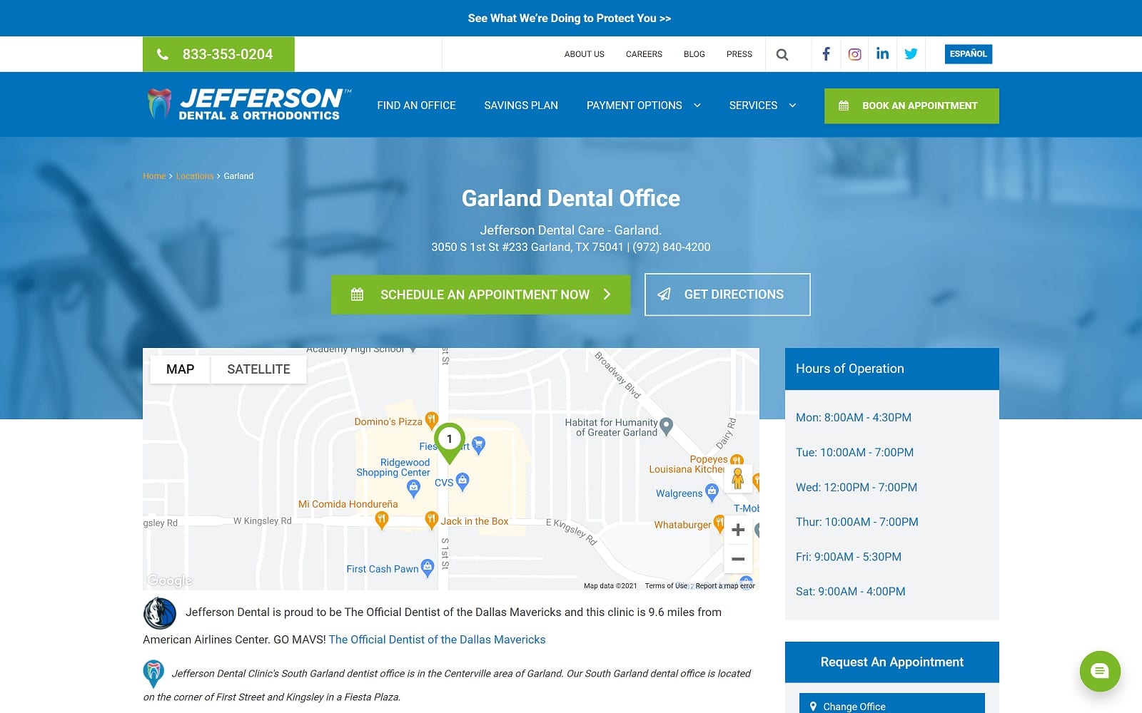 The screenshot of jefferson dental & orthodontics jeffersondentalclinics. Com/clinics/garland-tx website