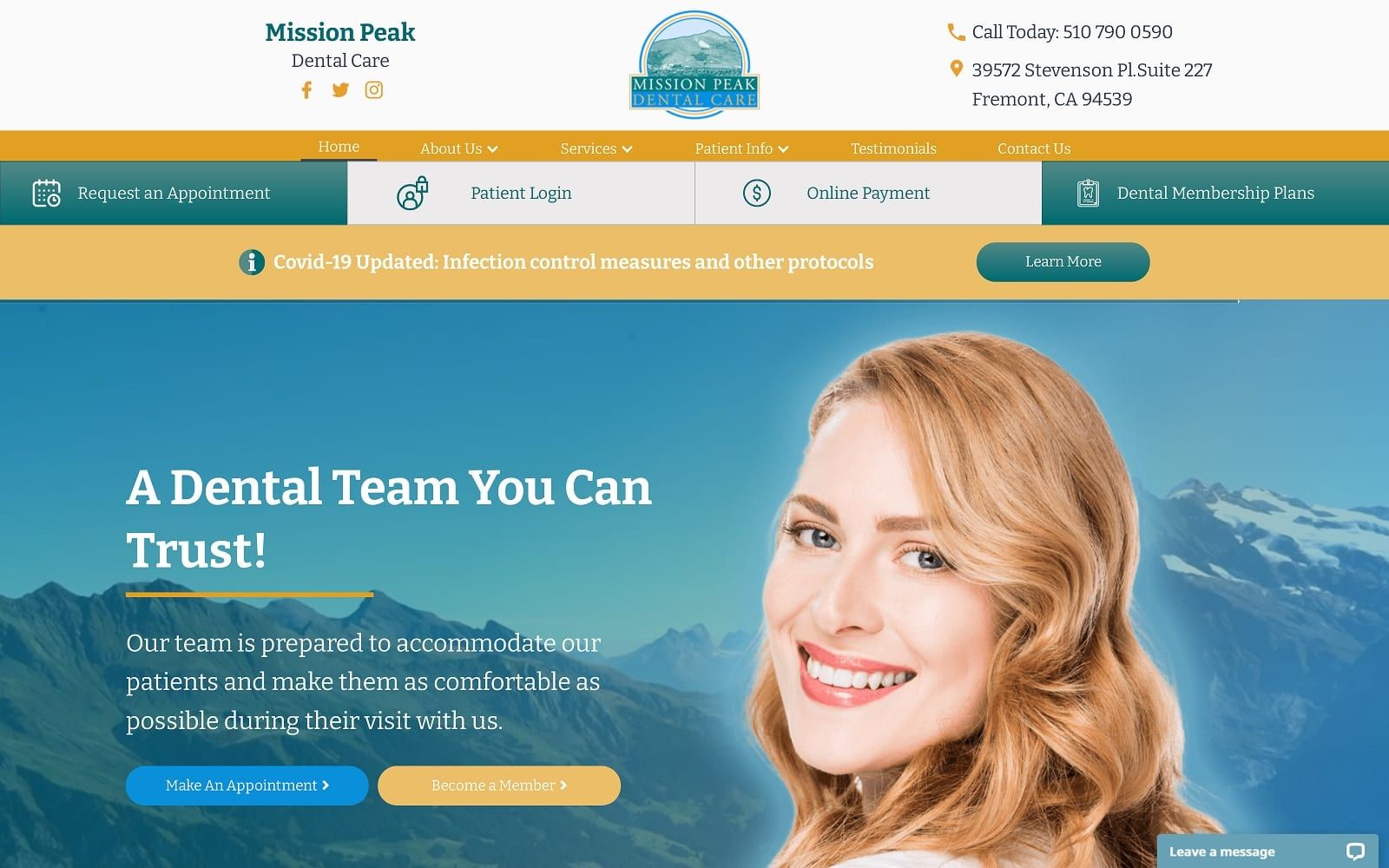 The screenshot of mission peak dental care missionpeakdental. Com website