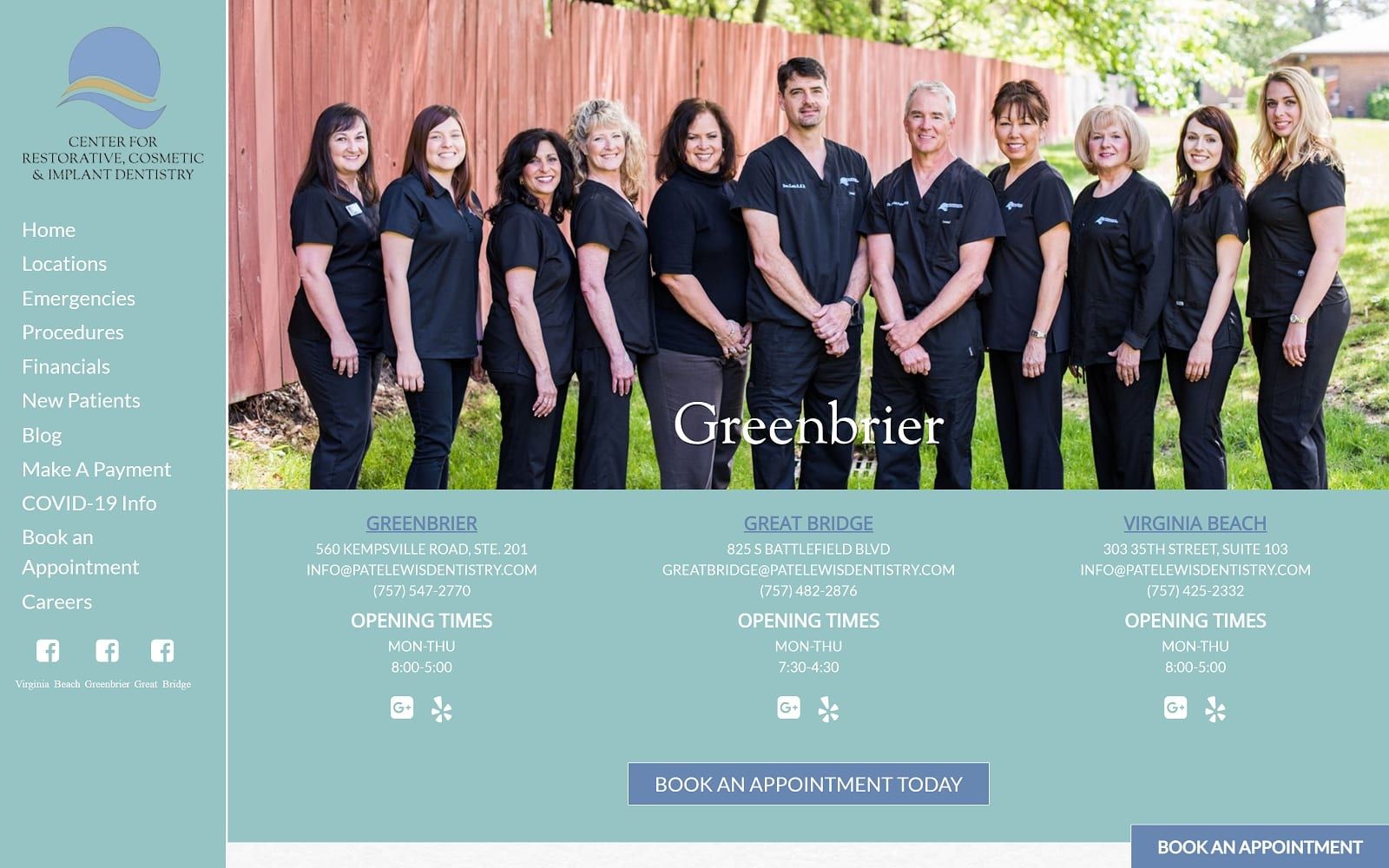 The screenshot of center for restorative, cosmetic, and implant dentistry at greenbrier patelewisdentistry. Com website