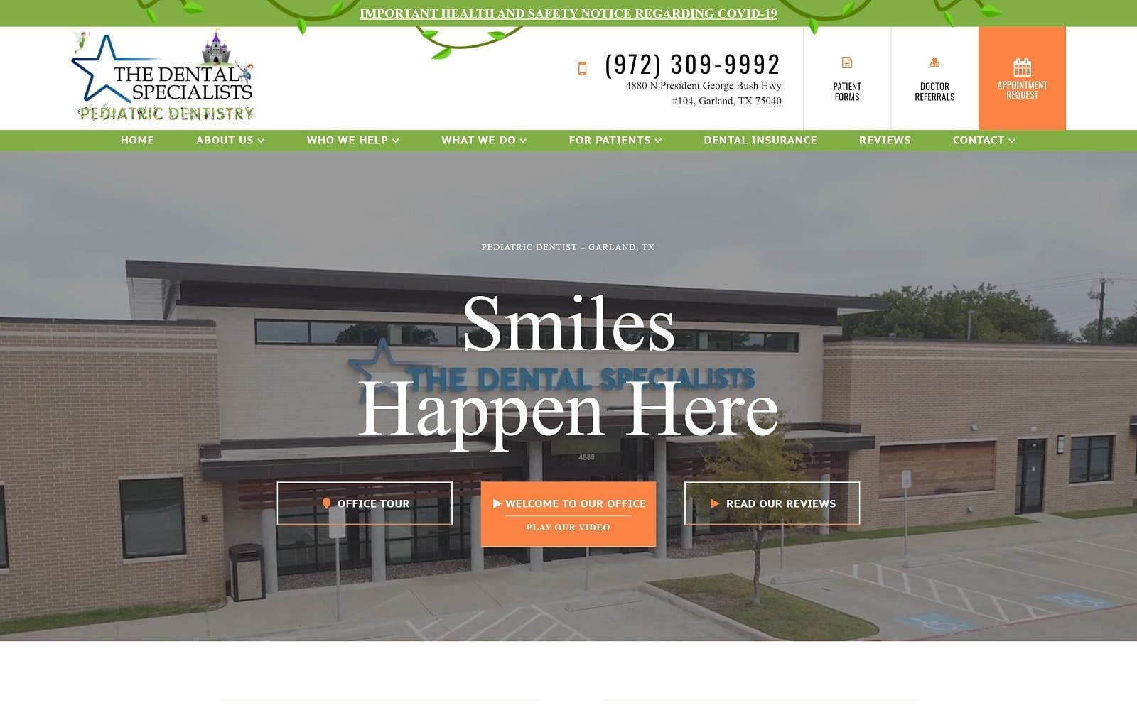 The screenshot of the dental specialists pediatric dentistry pedodentalspecialists. Com website