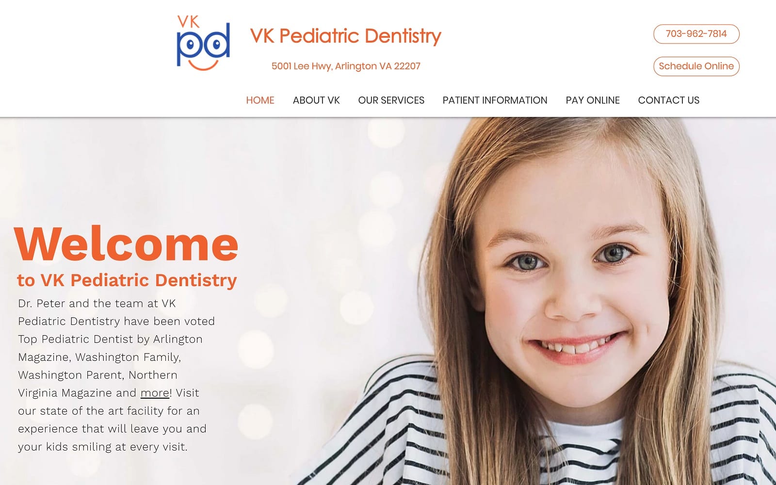 The screenshot of vk pediatric dentistry smilewithvk. Com dr. Peter website