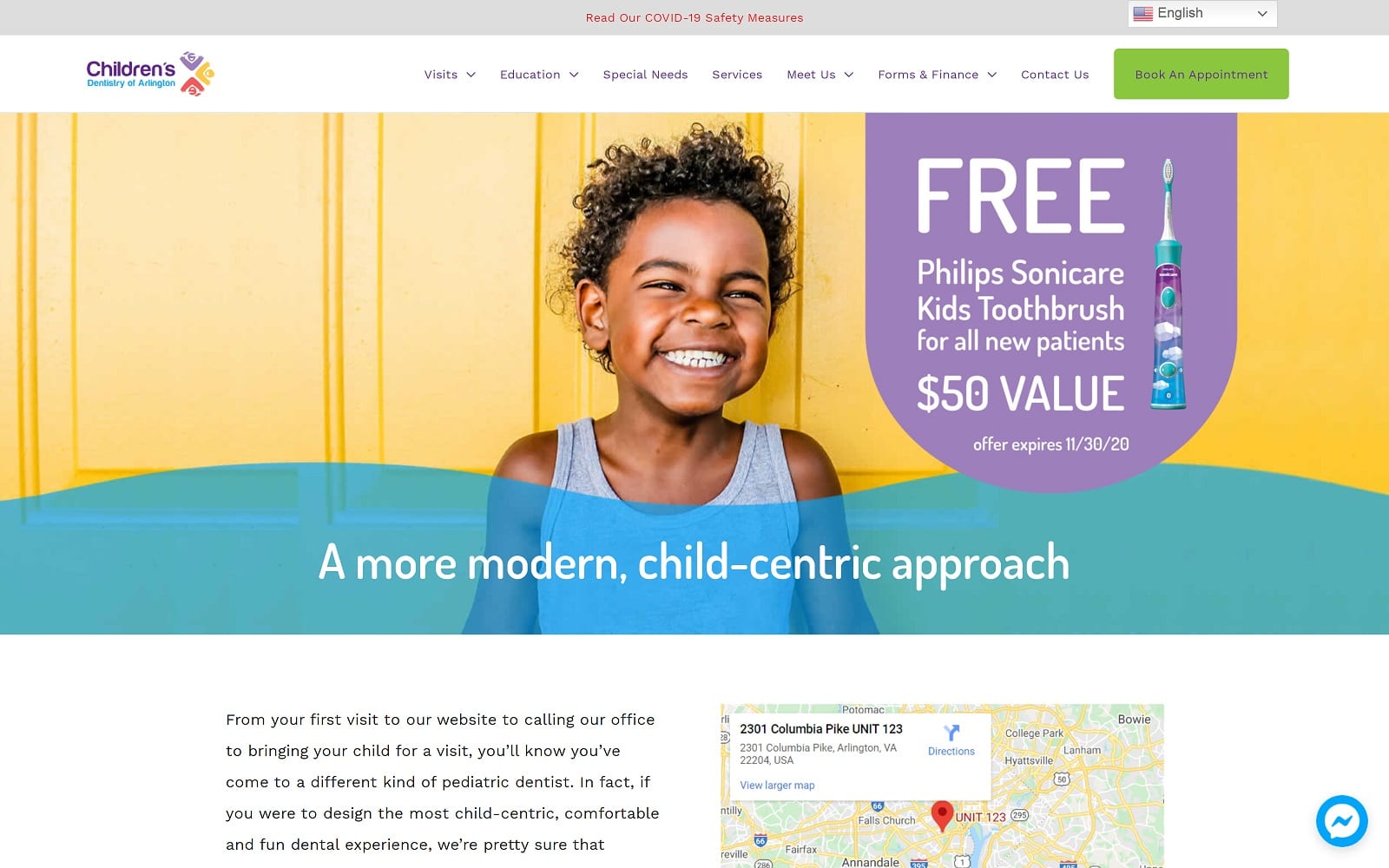 The screenshot of children's dentistry of arlington smilezdoc. Com website