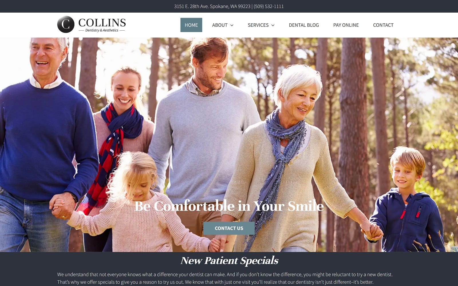 The screenshot of collins dentistry & aesthetics wemakespokanesmile. Com dr. Ken and marnie collins website